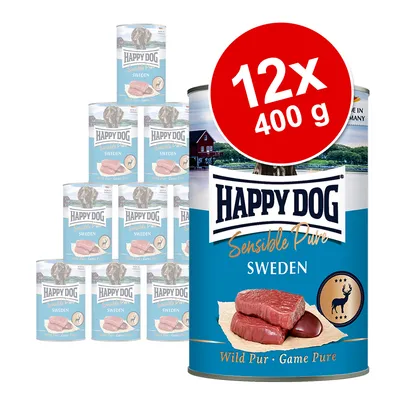 Happy Dog Sensible Pure Sweden, Wild Pur Game Pure, 12x400 g. Slika prikazuje limenke pseće hrane s komadima mesa i natpisom '12x 400 g' na crvenom krugu.