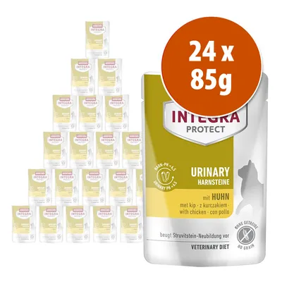 Animonda Integra Protect Urinary con pollo, pack de 24 sobres de 85 g. Texto visible: sin cereales, urinary harnsteine, veterinary diet, urin-pH 6,5.