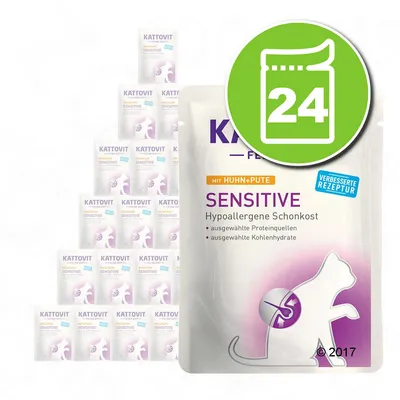 Lot de 24 sachets Kattovit Feline Diet Sensitive mit Huhn + Pute, mention Hypoallergene Schonkost, protéines et glucides sélectionnés, recette améliorée visible sur l’emballage.