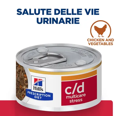 Hill's Prescription Diet c/d multicare stress, salute delle vie urinarie, chicken and vegetables, lattina di alimento umido con pollo e verdure per animali. Testo in inglese e italiano visibile.