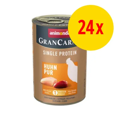 animonda GranCarno Single Protein Huhn Pur dåse, 24x. Tekst: 1 Protein Quelle, ohne Getreide, ohne Gluten, 100 % frische Zutaten. Billede af kyllingestykker og silhuet af høne. animonda GranCarno Single Protein Huhn Pur dåse, 24x. Tekst: 1 Protein Quelle, ohne Getreide, ohne Gluten, 100 % frische Zutaten. Billede af kyllingestykker og silhuet af høne.