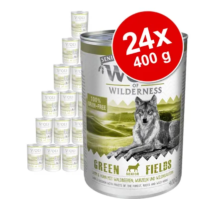 Wolf of Wilderness Green Fields Senior, 24 puszki po 400 g. Widoczny napis: 100% grain-free. Opakowanie z wizerunkiem wilka i krajobrazem.