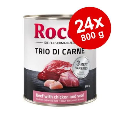 Rocco Trio di Carne, 24x800 g. 3 meat varieties. Beef with chicken and veal. Rind mit Huhn und Kalb. 800 g dåse.