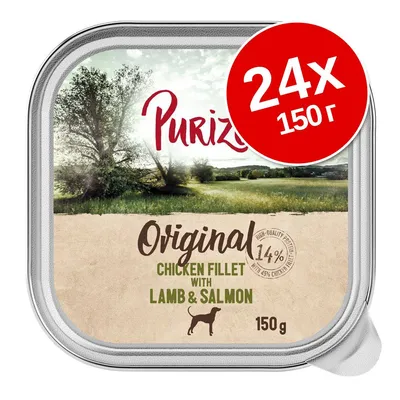 Purizon Original Chicken Fillet with Lamb & Salmon, 24×150 г. Видима опаковка с надпис: 14% high-quality protein, 150 г, изображение на куче.