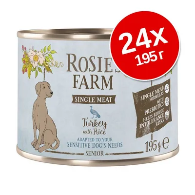 Rosie's Farm Single Meat Turkey with Rice Senior, 24×195 г. Видим текст: формула с едно месо, пребиотици, помага за намаляване на риска от непоносимост.