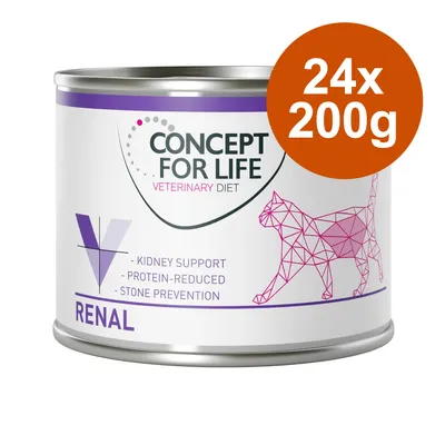 Concept for Life Veterinary Diet Renal, 24x200g. Unterstützt Nierenfunktion, proteinreduziert, vorbeugend gegen Steine. Abbildung einer Katze in geometrischem Design.