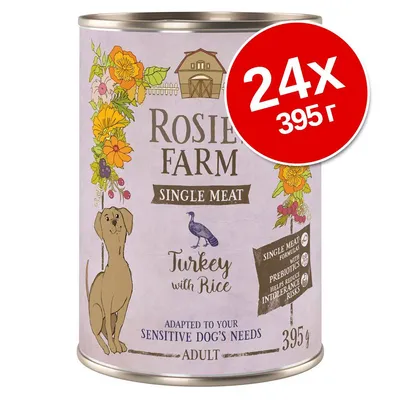Rosie's Farm Single Meat Turkey with Rice, 24×395 г. Текст: адаптирано за чувствителни кучета, Adult, съдържа пребиотици, помага за намаляване на риска от непоносимост.