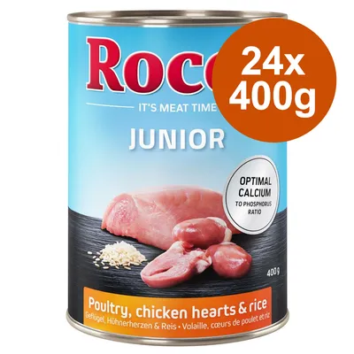 Rocco Junior Nassfutter, 24x400g Dosen. Poultry, chicken hearts & rice. Optimal Calcium to Phosphorus Ratio. Geflügel, Hühnerherzen & Reis.