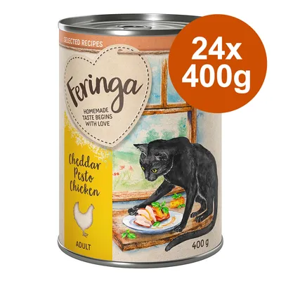 Feringa Adult comida para gatos, variedad Cheddar Pesto Chicken, 24x400g. Ilustración de un gato negro y carne de pollo en un plato. Texto: Homemade Taste Begins With Love.