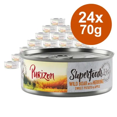 Purizon Superfoods, divočák s sleděm, batát a jablko. Balení: 24 konzerv po 70 g. Purizon Superfoods, divočák s sleděm, batát a jablko. Balení: 24 konzerv po 70 g.