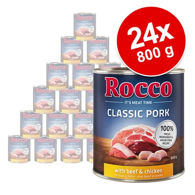Lot de 24 boîtes Rocco Classic Pork 800 g, avec bœuf et poulet. Texte visible : 100 % fresh ingredients & grain-free recipe. Marque : Rocco.