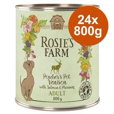 Rosie's Farm Poacher's Pot Venison mit Lachs und Fasan, Adult, 800g, getreidefreie Rezeptur. Packung zeigt Illustration eines Hundes, Hirsch und Bauernhof. Angebot: 24x 800g.