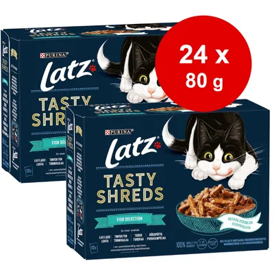 Purina Latz Tasty Shreds Fish Selection, 24 x 80 g. Synlig tekst: laks, tun, torsk, rødspætte. Billede af kat og skål med strimler i sauce på emballagen.