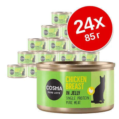 24 консерви Cosma Pure Love Chicken Breast in Jelly, 85 г. Видим текст: Single Protein, Pure Meat. Опаковка със силует на котка.