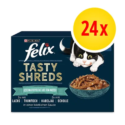 Purina Felix Tasty Shreds, confezione da 24x. Testo visibile: 3x mit Lachs, Thunfisch, Kabeljau; 2x mit Scholle. Geschmacksvielfalt aus dem Wasser. In einer köstlichen Sauce.