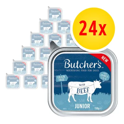 Confezione da 24 vaschette Butcher's Junior with Beef, 150 g ciascuna. Testo visibile: 'Grain Free', 'With Omega 3 & 6', 'Nourishing food for dogs', 'NEW'.