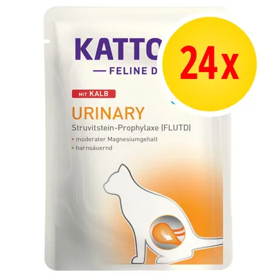 Kattovit Feline Diet Urinary mit Kalb, 24x. Struvitstein-Prophylaxe (FLUTD), moderater Magnesiumgehalt, harnsauernd. Immagine della confezione con silhouette di gatto.