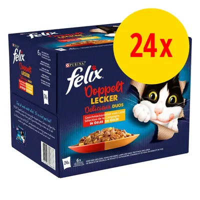 Boîte de 24 sachets Felix Doppelt Lecker Délicieux Duos, sélection de la campagne en gelée. Marque Purina. Texte visible en allemand et français sur l’emballage.