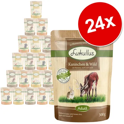 24 poser Lukullus Kaninchen & Wild Adult, 300 g. Tekst: in Harmony with Nature, mit Naturreis, Apfel und Leinöl, Original taste Ursprünglicher Geschmack, Rabbit & Game with brown rice, apple and linseed oil.