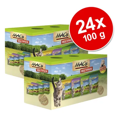 MAC's Multipack, lot de 24 x 100 g, boîtes illustrées avec sachets pour chat, mentions visibles : Grain Free, Made in Germany. MAC's Multipack, lot de 24 x 100 g, boîtes illustrées avec sachets pour chat, mentions visibles : Grain Free, Made in Germany.