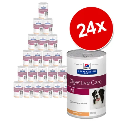 24 cans of Hill's Prescription Diet Digestive Care i/d with Turkey dog food, visible label shows clinical nutrition and image of a dog on each can.
