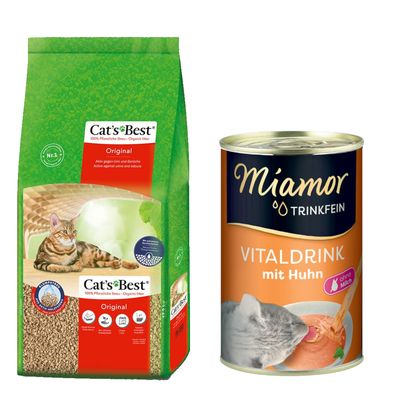 Cat's Best Original, 100% așternut vegetal, activ împotriva urinei și mirosurilor. Nisip aglomerant cu absorbție ridicată, biodegradabil. Ambalajul prezintă o pisică și detalii despre produs.