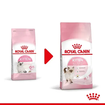 Две опаковки Royal Canin Kitten, показващи промяна в дизайна. Видими са надписи: 'Second Age Kitten', 'Kitten up to 12 months', снимки на котенца и лого Royal Canin.
