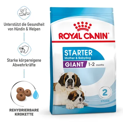 Royal Canin Starter Giant Mother & Babydog, 1–2 meseca. Podpira zdravje psice in mladičev, močna naravna odpornost, rehidrirajoči briketi.