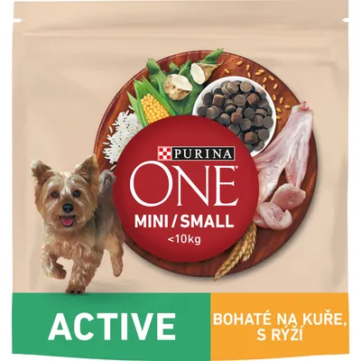 Balení krmiva PURINA ONE MINI/SMALL <10kg ACTIVE, bohaté na kuře, s rýží. Na obalu miska granulí, kuřecí maso, zelenina a obiloviny.