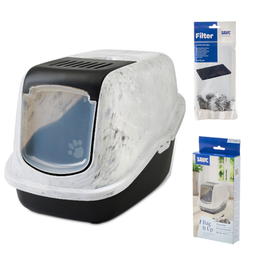 Geschlossene Katzentoilette mit Marmor-Design, schwarzem Boden und transparenter Klappe mit Pfotenmotiv.