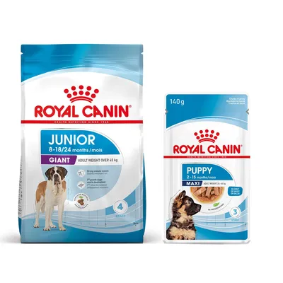 Royal Canin Size 3,5 à 15 kg pour chien + aliment humide : 15 % de remise ! - Giant Junior (15 kg) + sachets Maxi Puppy en sauce pour chiot (10 x 140 g)