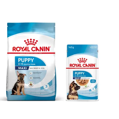 Royal Canin Size 3,5 à 15 kg pour chien + aliment humide : 15 % de remise ! - Maxi Puppy (15 kg) + sachets Maxi Puppy en sauce pour chiot (10 x 140 g)