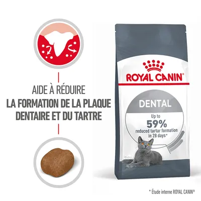 ROYAL CANIN DENTAL pour chats, aide à réduire la formation de la plaque dentaire et du tartre, jusqu’à 59 % de réduction en 28 jours selon étude interne, texte en anglais sur l’emballage.
