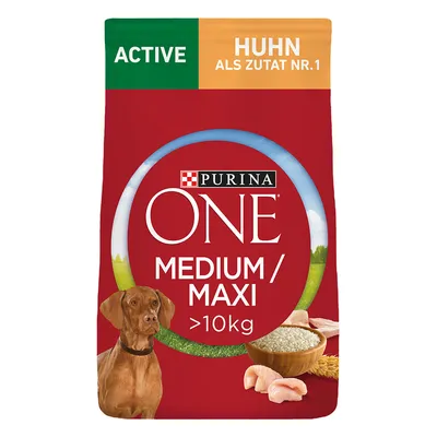 Confezione Purina ONE Medium/Maxi >10 kg, ACTIVE, Huhn als Zutat Nr. 1, immagine di cane, ciotola con riso e pezzi di pollo visibili sulla confezione.