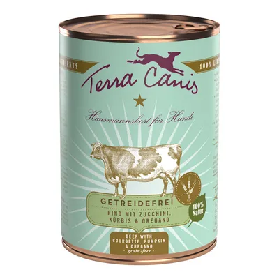 Terra Canis Hausmannskost für Hunde, GETREIDEFREI, Rind mit Zucchini, Kürbis & Oregano, 100 % Natur, Beef with courgette, pumpkin & oregano, grain-free. Dåse med ko-illustration.