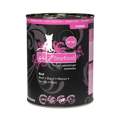 Catz Finefood No. 119, beef, monoprotein, high premium, grain-free, no added sugar, no animal testing, over 98% meat content, made in Germany.