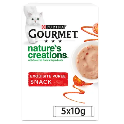 Purina Gourmet Nature's Creations Exquisite Puree Snack, mit ausgewählten natürlichen Zutaten. Packungsgrösse: 5x10g.