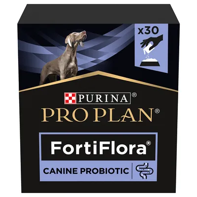 Boîte Purina Pro Plan FortiFlora Canine Probiotic, x30 sachets, avec image d’un chien et pictogramme versant de la poudre dans une gamelle. Texte anglais visible sur l’emballage.