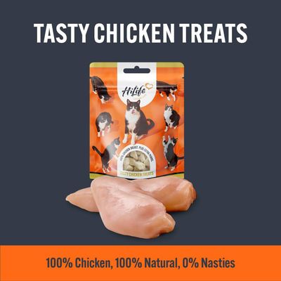 Tasty chicken treats, 100% chicken, 100% natural, 0% nasties. Image shows a treat pouch with chicken pieces in front.