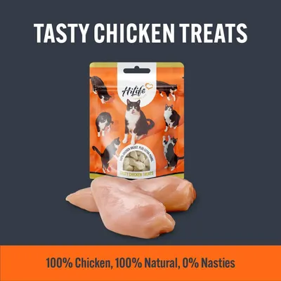 Tasty chicken treats, 100% chicken, 100% natural, 0% nasties. Image shows a treat pouch with chicken pieces in front.