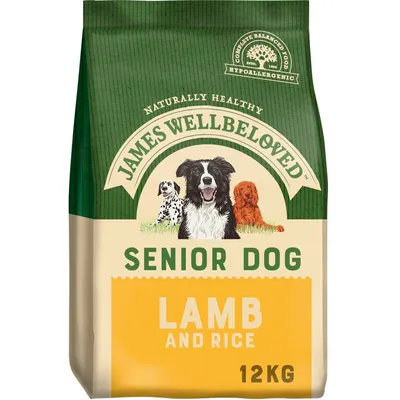 James Wellbeloved Senior Dog Lamb and Rice, 12 kg. Tekst: Naturally Healthy, Complete Balanced Food, Hypoallergenic. Ilustracije tri psa na pakiranju. James Wellbeloved Senior Dog Lamb and Rice, 12 kg. Tekst: Naturally Healthy, Complete Balanced Food, Hypoallergenic. Ilustracije tri psa na pakiranju.
