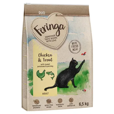 Feringa Duo Adult kattefoder, variant Chicken & Trout med søde kartofler og persille, frisk kød, kornfri, autentisk smag, med lakseolie, pakningsstørrelse 6,5 kg.