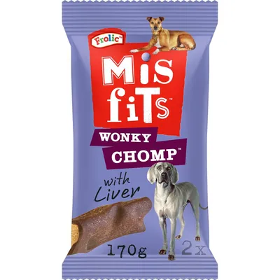 Misfits Wonky Chomp with liver, 170g, 2 pieces. Image shows product packaging and a treat piece. Misfits Wonky Chomp with liver, 170g, 2 pieces. Image shows product packaging and a treat piece.