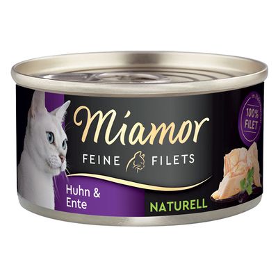 Miamor Filetes Finos Pollo y Pato Natural, en filete 100% filete, lata con imagen de gato
