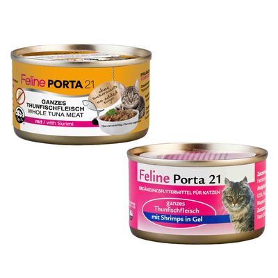 Feline Porta 21 Ergänzungsfuttermittel für Katzen, ganzes Thunfischfleisch mit Shrimps in Gel, 12x90g Dosen abgebildet.