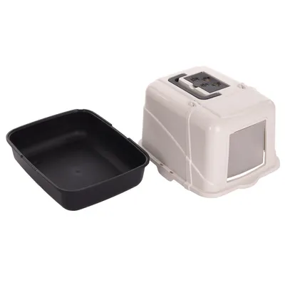 Maison de toilette pour chat en plastique, bac noir séparé et couvercle beige avec porte battante transparente et poignée sur le dessus.