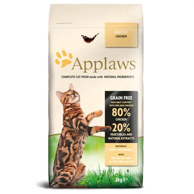 Applaws torrfoder för vuxna katter med kyckling, spannmålsfritt, 80% kyckling, 20% grönsaker och naturliga extrakt, hypoallergent, med pre- och probiotika. Förpackningsstorlek: 2 kg.