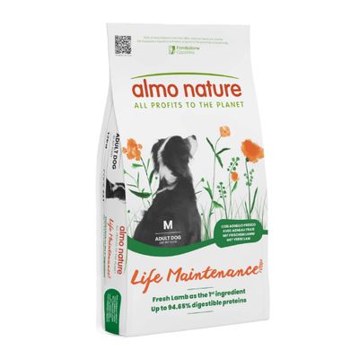 Almo Nature Holistic Maintenance Hundefutter mit frischem Huhn, 12kg, für mittelgrosse Hunde. Produkt nicht an Tieren getestet. Rabattzeichen in Rot mit Prozent-Symbol.