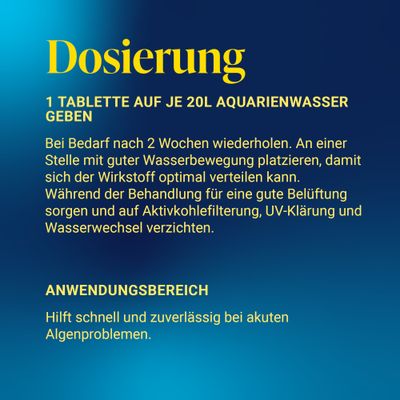 Dosage : donner 1 comprimé pour chaque 20, L d'eau d'aquarium, répéter après 2 semaines. Aide rapidement et efficacement en cas de problèmes d'algues aigus.