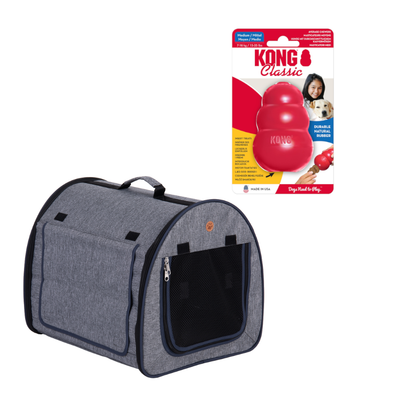 Lot avec jouet rouge KONG® et caisse de transport grise en tissu, symbole pourcentage indiquant une offre promotionnelle visible en haut à droite.